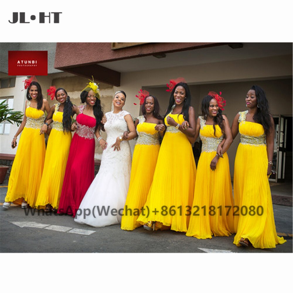 아프리카 2021 노란색 한 어깨 신부 들러리 드레스 레이스 파란색 된시 폰 흑인 여자 결혼식 파티 들러리 드레스 여성을위한